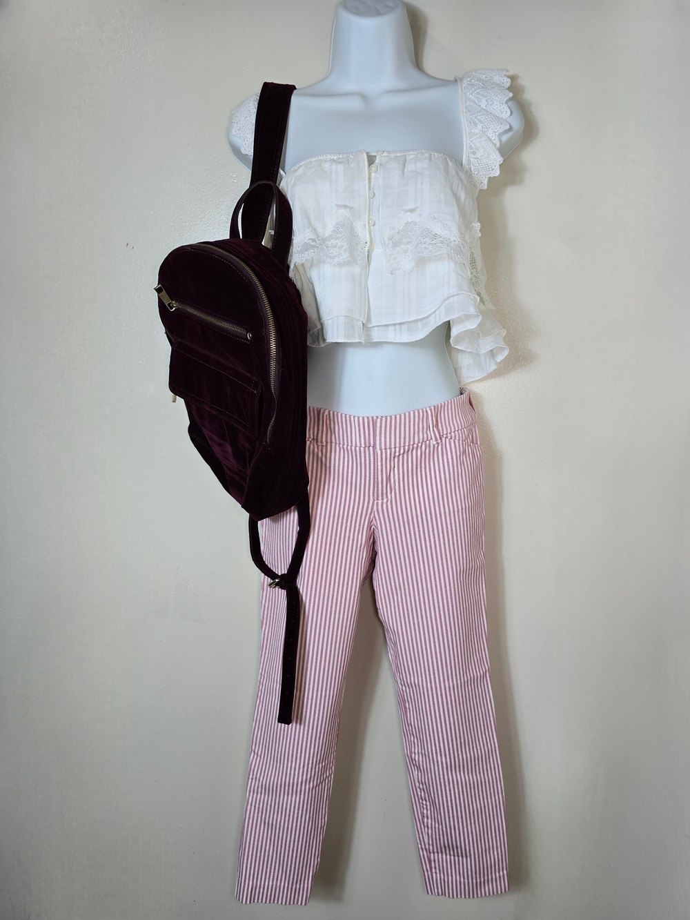 Gap Backpack+ Kirious Top + Pink Stripe Old Navy Pixie Pants